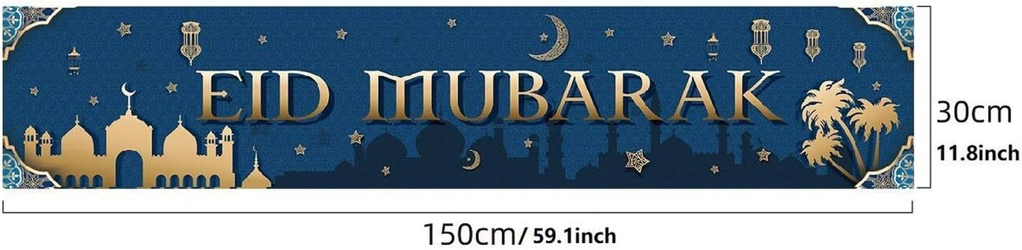 EID Mubarak Porch Banner with 59"X 11.8", Muslim Ramadan Mubarak Backdrop for Eid Mubarak Party, Islamic Hanging Sign for Indoor and Outdoor EID Mubarak Decorations