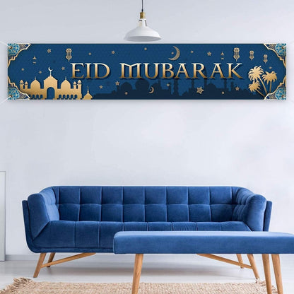 EID Mubarak Porch Banner with 59"X 11.8", Muslim Ramadan Mubarak Backdrop for Eid Mubarak Party, Islamic Hanging Sign for Indoor and Outdoor EID Mubarak Decorations