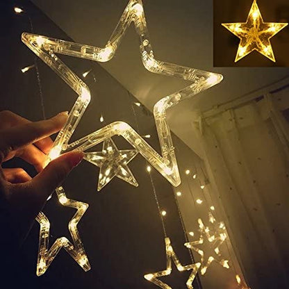 12 Stars 138 LED Curtain String Lights, Window Curtain Lights with 8 Flashing Modes Ramadan Decoration for Christmas, Wedding, Party, Home Decorations,Warm White