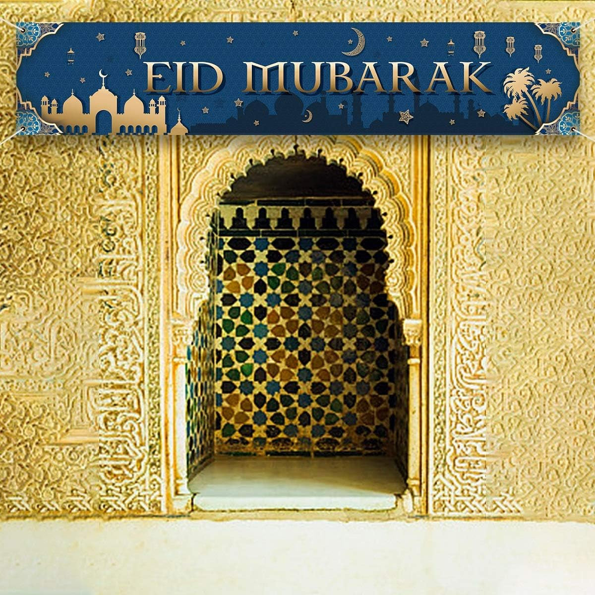 EID Mubarak Porch Banner with 59"X 11.8", Muslim Ramadan Mubarak Backdrop for Eid Mubarak Party, Islamic Hanging Sign for Indoor and Outdoor EID Mubarak Decorations