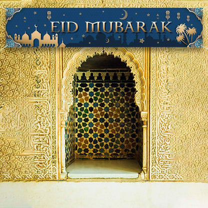 EID Mubarak Porch Banner with 59"X 11.8", Muslim Ramadan Mubarak Backdrop for Eid Mubarak Party, Islamic Hanging Sign for Indoor and Outdoor EID Mubarak Decorations