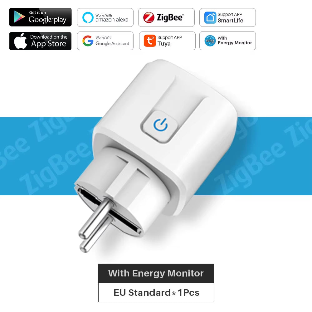 16A Zigbee / Wifi Smart Plug Socket with Power Energy Monitor EU Multi Plug Tuya APP Control Works with Alexa Google Assistant