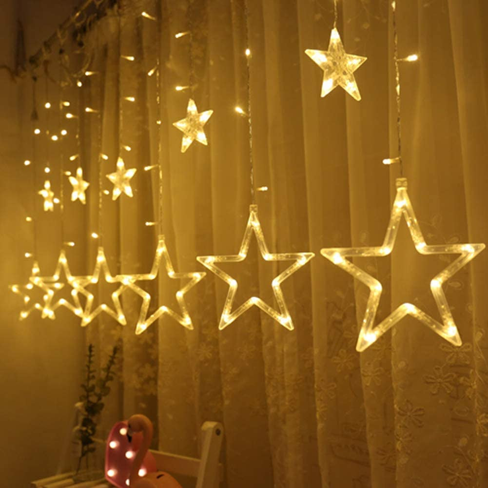 12 Stars 138 LED Curtain String Lights, Window Curtain Lights with 8 Flashing Modes Ramadan Decoration for Christmas, Wedding, Party, Home Decorations,Warm White