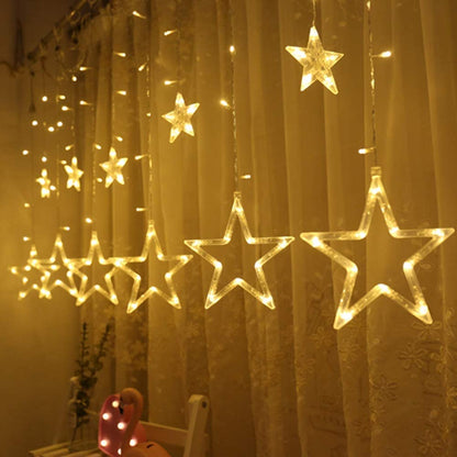 12 Stars 138 LED Curtain String Lights, Window Curtain Lights with 8 Flashing Modes Ramadan Decoration for Christmas, Wedding, Party, Home Decorations,Warm White