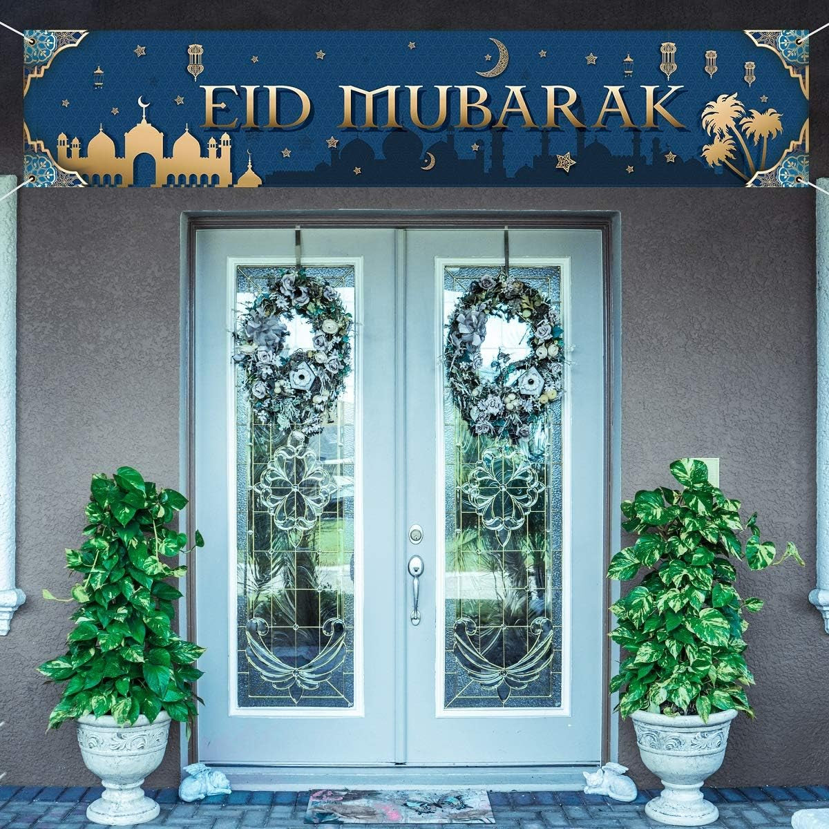 EID Mubarak Porch Banner with 59"X 11.8", Muslim Ramadan Mubarak Backdrop for Eid Mubarak Party, Islamic Hanging Sign for Indoor and Outdoor EID Mubarak Decorations