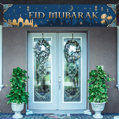 EID Mubarak Porch Banner with 59"X 11.8", Muslim Ramadan Mubarak Backdrop for Eid Mubarak Party, Islamic Hanging Sign for Indoor and Outdoor EID Mubarak Decorations