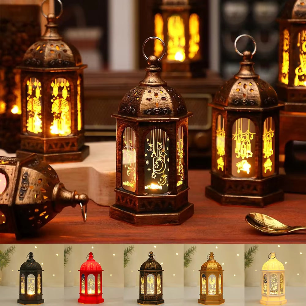 Ramadan Star Moon Lantern Portable LED Candle Lamp with Battery Eid Mubarak Hanging Decoration Indoor Home Party Table Supplies