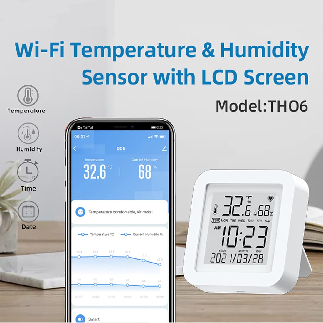 Hygrometer Thermometer Sensor Wifi Temperature Humidity Monitor, with APP Notification Alerts History Date LCD Display Remote Monitor for House Greenhouse Support Alexa Google