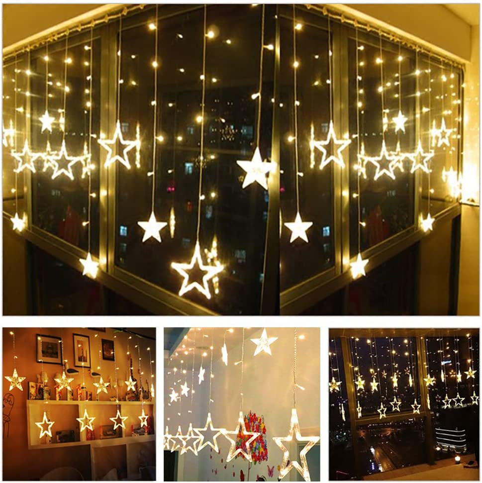 12 Stars 138 LED Curtain String Lights, Window Curtain Lights with 8 Flashing Modes Ramadan Decoration for Christmas, Wedding, Party, Home Decorations,Warm White