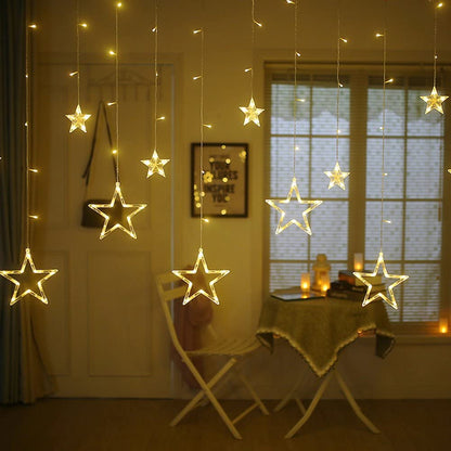 12 Stars 138 LED Curtain String Lights, Window Curtain Lights with 8 Flashing Modes Ramadan Decoration for Christmas, Wedding, Party, Home Decorations,Warm White