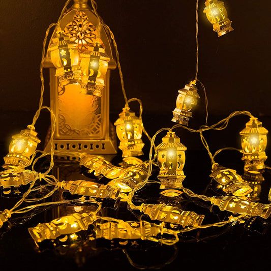 Ramadan Eid String Light - 9.8Ft 20Leds Eid Moon-Star Pattern Metal Kerosene Mubarak Islam Decorative Indoor Lantern Lights with 2 Flash Modes for Muslim Islamic Home Garden Patio Decor Supplies