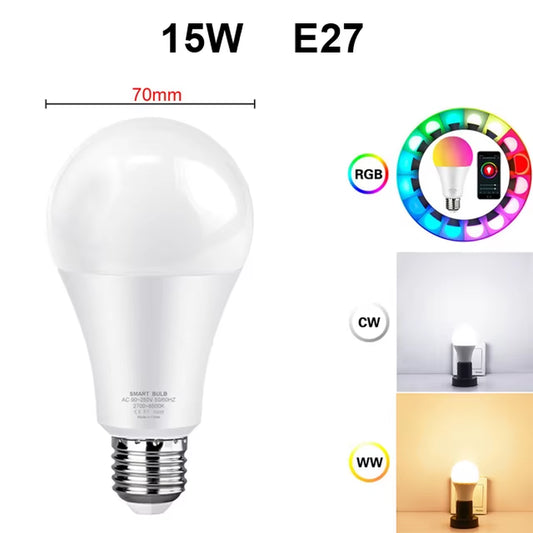 Tuya 15W Wifi Smart Home Light Bulb, E27 RGB LED Lamp Dimmable with Smart Life APP, Voice Control for Google Home, Alexa